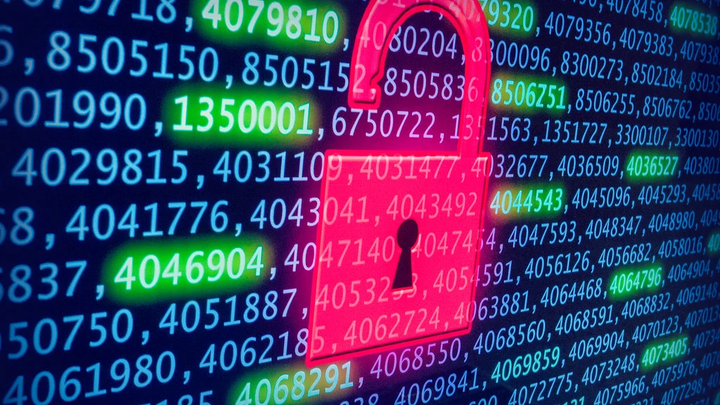 Open red padlock projected over rows of digital data